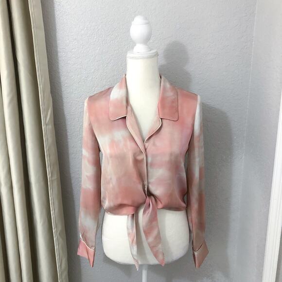 Aritzia Wilfred Peaufiner Tie Front Blouse Cropped Long Sleeve Pink Ombre - Picture 2 of 9